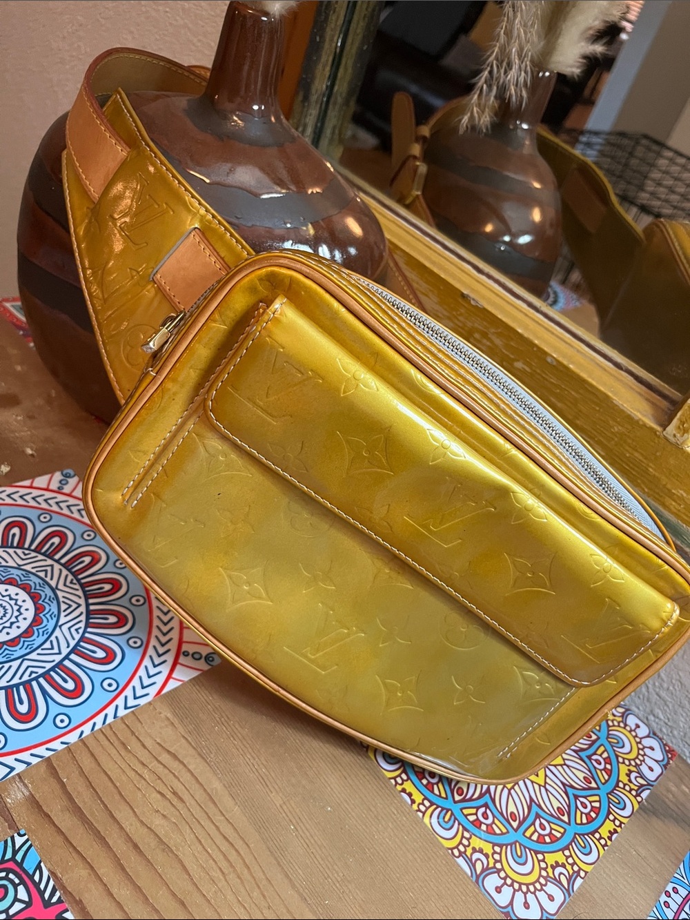 Louis Vuitton Yellow Vernis Monogram Crossbody Bag with Natural Leather Strap